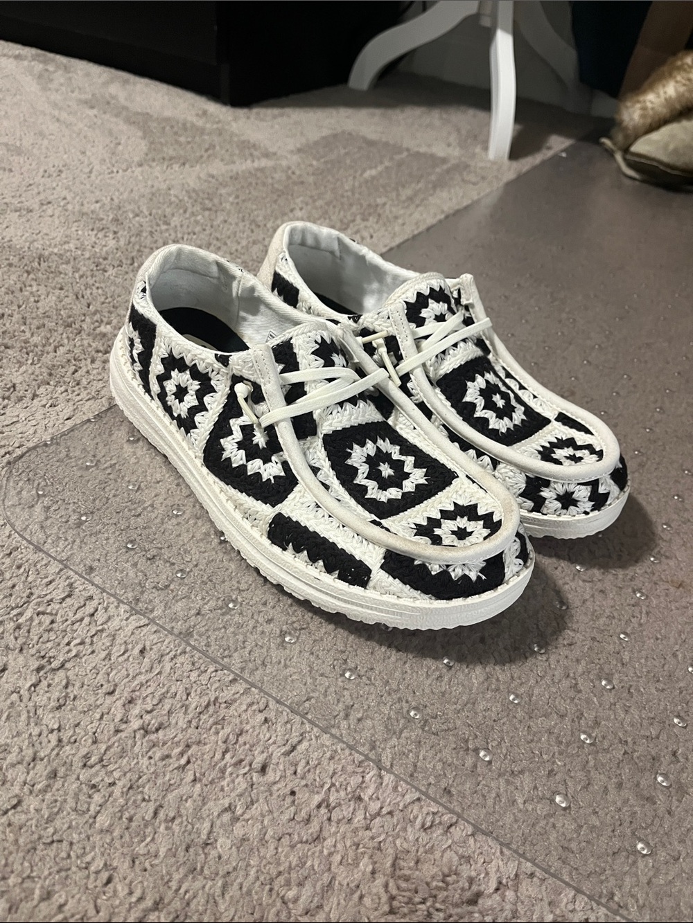 Hey Dude Women's Crochet Slip-On Shoes in Black and White